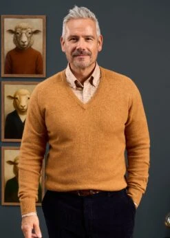 Hampshire Lambswool Jumper In Gazelle - Classic Fit -AlanPaine Shop 050A65 HAMPSHIRE CLASSIC SADDLE SHOULDER VEE GAZELLE 01 4