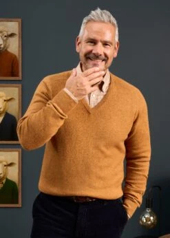 Hampshire Lambswool Jumper In Gazelle - Classic Fit -AlanPaine Shop 050A65 HAMPSHIRE CLASSIC SADDLE SHOULDER VEE GAZELLE 03