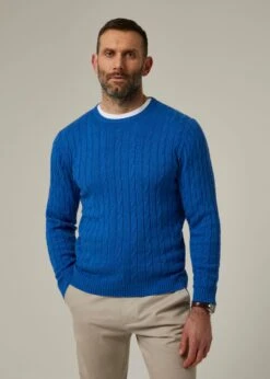 Honley Cotton Cashmere Cable Knit Jumper In Regatta -AlanPaine Shop 096a19 honley mens cotton cashmere cable knit jumper regatta 1