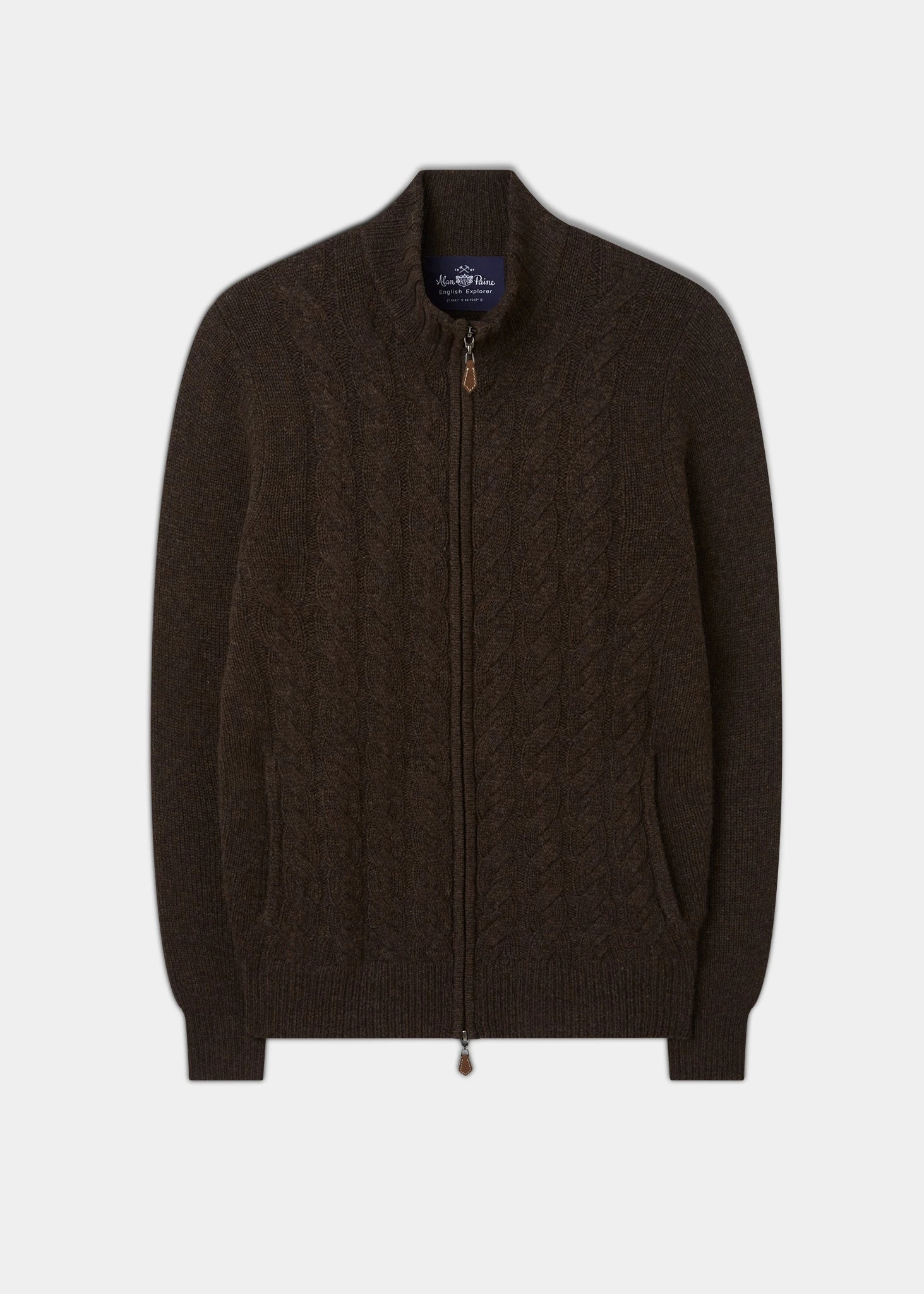 Aberfoyle Men's Lambswool Cable Front Zip Mock Neck In Cocoa 3 Aberfoyle Men's Lambswool Cable Front Zip Mock Neck In Cocoa