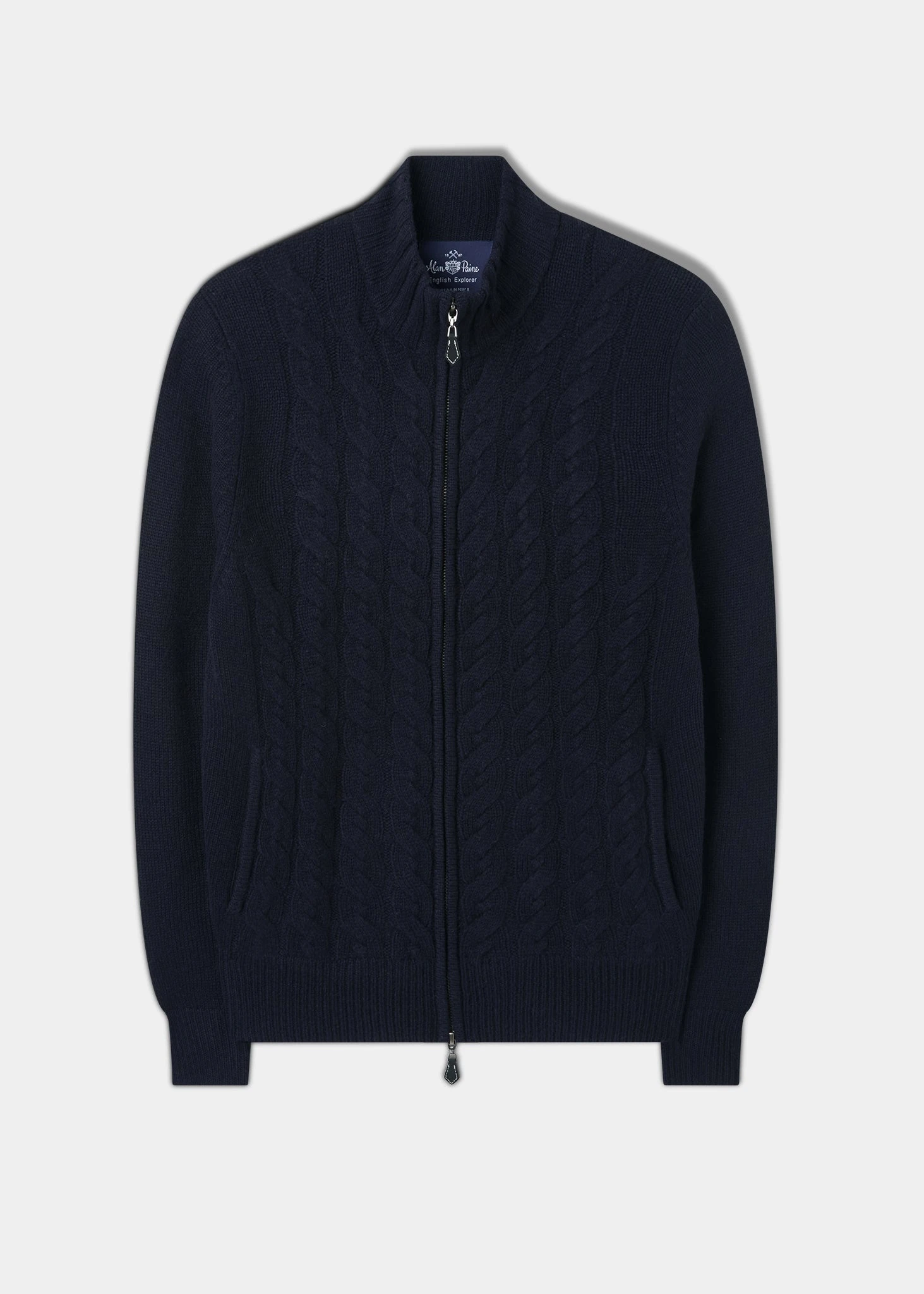 Aberfoyle Men's Lambswool Cable Front Zip Mock Neck In Navy 3 Aberfoyle Men's Lambswool Cable Front Zip Mock Neck In Navy