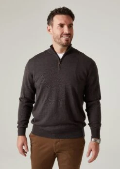 Barton Merino Wool 1/4 Zip Mock Jumper In Dark Brown - Regular Fit -AlanPaine Shop Barton Merino Wool 1 4 Zip Mock Jumper In Regular Fit Dark brown 5