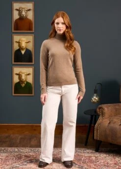 Clara Ladies Wool And Cashmere Roll Neck Jumper In Pecan -AlanPaine Shop Clara Ladies Roll Neck Pecan 6