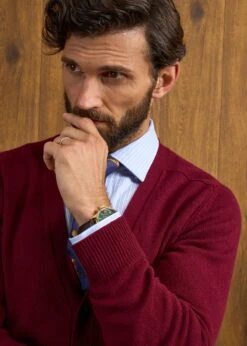 Cornwall Lambswool Cardigan In Bordeaux - Classic Fit -AlanPaine Shop Cornwall Lambswool Cardigan Mens Bordeaux 6