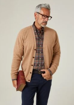Cornwall Lambswool Cardigan In Camel - Classic Fit 8 Cornwall Lambswool Cardigan In Camel - Classic Fit -AlanPaine Shop Cornwall Lambswool Mens Cardigan Camel 1