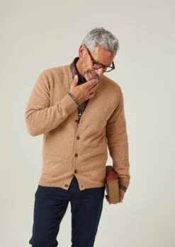 Cornwall Lambswool Cardigan In Camel - Classic Fit 9 Cornwall Lambswool Cardigan In Camel - Classic Fit -AlanPaine Shop Cornwall Lambswool Mens Cardigan Camel 2