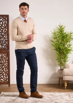 Rothwell Cotton Cashmere Jumper In Sand -AlanPaine Shop Cotton Cashmer Jumper Vee Neck Sand 1