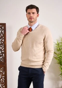 Rothwell Cotton Cashmere Jumper In Sand -AlanPaine Shop Cotton Cashmer Jumper Vee Neck Sand 4