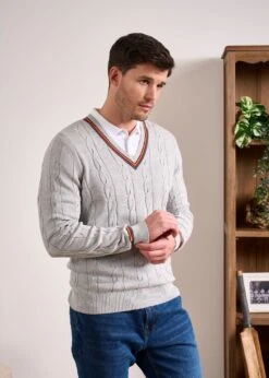 Sandford Cotton Cashmere Cable Knit Vee Neck Jumper In Dove -AlanPaine Shop Cotton Cashmere Cable Jumper Grey 2