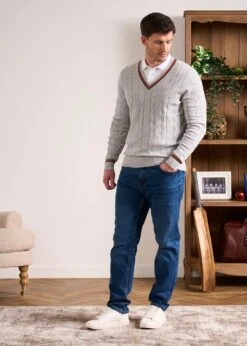 Sandford Cotton Cashmere Cable Knit Vee Neck Jumper In Dove -AlanPaine Shop Cotton Cashmere Cable Jumper Grey 5