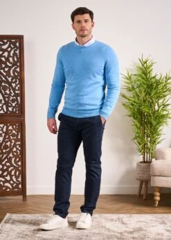 Leysmill Cotton Cashmere Jumper In Carolina Blue -AlanPaine Shop Cotton Cashmere Jumper Crew Neck Blue 1