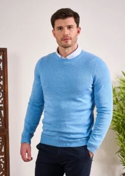 Leysmill Cotton Cashmere Jumper In Carolina Blue -AlanPaine Shop Cotton Cashmere Jumper Crew Neck Blue 3