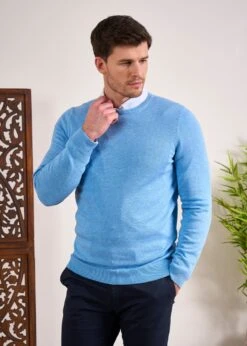 Leysmill Cotton Cashmere Jumper In Carolina Blue -AlanPaine Shop Cotton Cashmere Jumper Crew Neck Blue 4