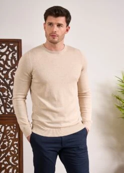 Leysmill Cotton Cashmere Jumper In Sand -AlanPaine Shop Cotton Cashmere Jumper Crew Sand 2