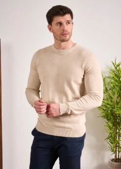 Leysmill Cotton Cashmere Jumper In Sand -AlanPaine Shop Cotton Cashmere Jumper Crew Sand 3