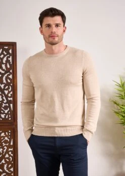 Leysmill Cotton Cashmere Jumper In Sand -AlanPaine Shop Cotton Cashmere Jumper Crew Sand 4