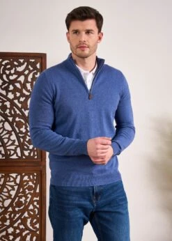 Selhurst Cotton Cashmere 1/4 Zip Jumper In Indigo 11 Selhurst Cotton Cashmere 1/4 Zip Jumper In Indigo -AlanPaine Shop Cotton Cashmere Quarter Zip Jumper Indigo 2