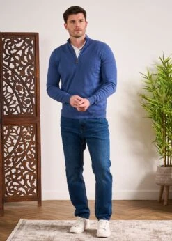 Selhurst Cotton Cashmere 1/4 Zip Jumper In Indigo 12 Selhurst Cotton Cashmere 1/4 Zip Jumper In Indigo -AlanPaine Shop Cotton Cashmere Quarter Zip Jumper Indigo 3