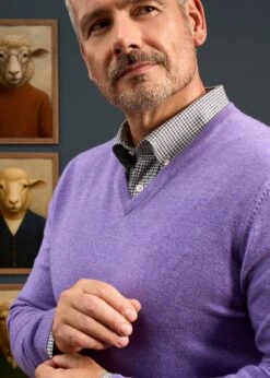 Haddington Cashmere Jumper In Heliotrope - Regular Fit -AlanPaine Shop Haddington Cashmere Vee Neck Jumper Heliotrope 1