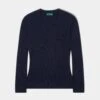 Isla Ladies Wool And Cashmere Vee Neck Jumper In Dark Navy -AlanPaine Shop ISLA LADIES INSET SLEEVE VEE NECK DARK NAVY 01