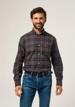 Ilkley Flannel Green Check Shirt - Shooting Fit -AlanPaine Shop Ilkley Mens Flannel Check Shirt Brown