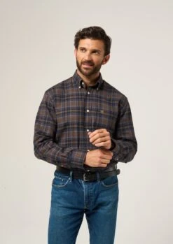 Ilkley Flannel Green Check Shirt - Shooting Fit -AlanPaine Shop Ilkley Mens Flannel Check Shirt Brown 3