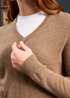 Isla Ladies Wool And Cashmere Vee Neck Jumper In Pecan -AlanPaine Shop Isla Ladies Wool and Cashmere Vee Pecan 3