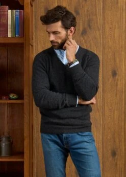Kilsyth Men's Lambswool Jumper In Charcoal - Regular Fit -AlanPaine Shop Kilsyth Lambswool Vee Neck Jumper Charcoal 2