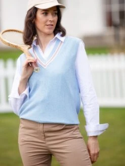 Ladies Cotton Cricket Slipover In Steel Blue Mix 6 Ladies Cotton Cricket Slipover In Steel Blue Mix -AlanPaine Shop Ladies Cricket Slipover Light Blue