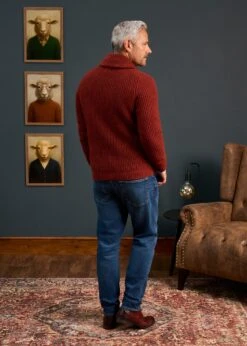 Usworth Men's Shawl Collar Lambswool Jumper In Sienna - Regular Fit -AlanPaine Shop Lambswool Shawl Cardigan Red Brown 2