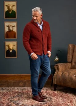 Usworth Men's Shawl Collar Lambswool Jumper In Sienna - Regular Fit -AlanPaine Shop Lambswool Shawl Cardigan Red Brown
