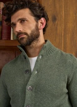 Landford Men's Lambswool Buttoned Jumper In Landscape - Regular Fit -AlanPaine Shop Landford Cable Lambswool Cardigan Landscape 5