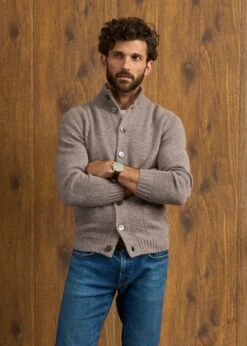 Landford Men's Lambswool Buttoned Jumper In Vole - Regular Fit -AlanPaine Shop Landford Cable Lambswool Cardigan Vole 2
