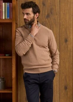 Lenzie Men's Lambswool Jumper In Camel - Regular Fit -AlanPaine Shop Lenzie Lambswool Crew Neck Jumper Camel 2