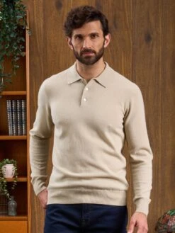 Men's Geelong Lambswool Long Sleeve Polo Shirt In Natural - Regular Fit 7 Men's Geelong Lambswool Long Sleeve Polo Shirt In Natural - Regular Fit -AlanPaine Shop Long Sleeve Polo Shirt Natural 2
