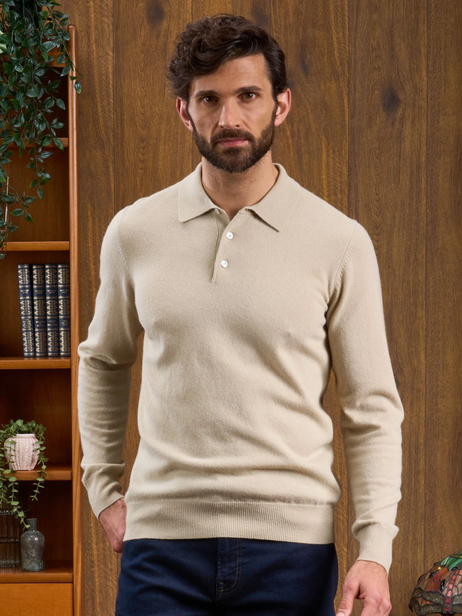 Men's Geelong Lambswool Long Sleeve Polo Shirt In Natural - Regular Fit 4 Men's Geelong Lambswool Long Sleeve Polo Shirt In Natural - Regular Fit - Image 2