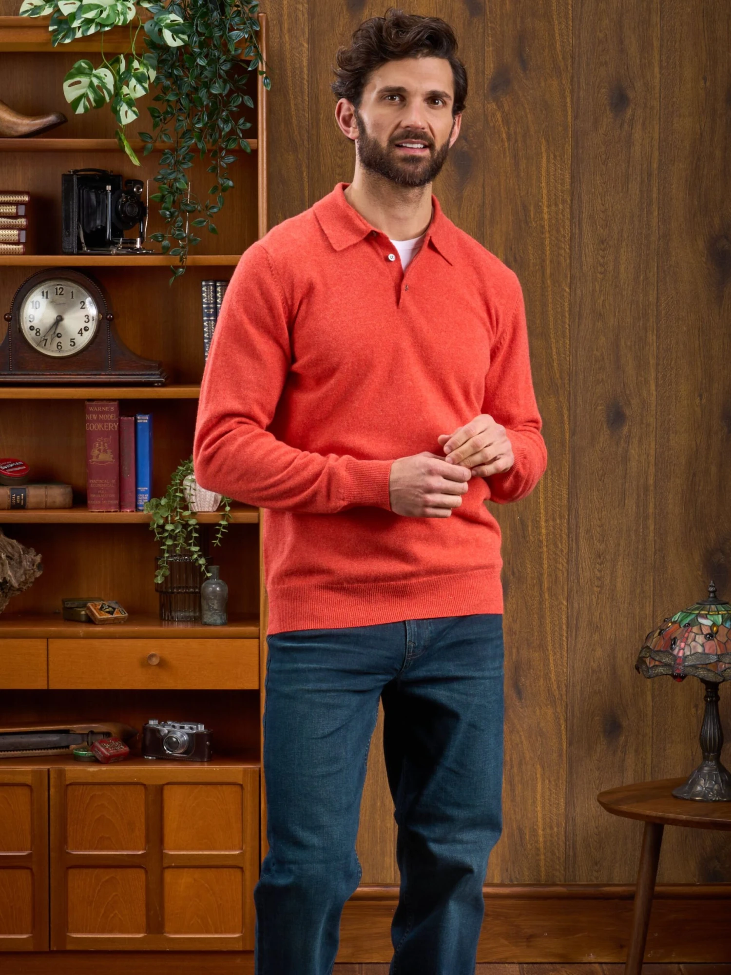 Men's Geelong Lambswool Long Sleeve Polo Shirt In Fire - Regular Fit 4 Men's Geelong Lambswool Long Sleeve Polo Shirt In Fire - Regular Fit - Image 2