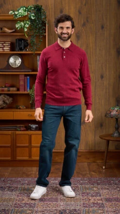 Men's Geelong Lambswool Long Sleeve Polo Shirt In Rosso - Regular Fit -AlanPaine Shop Long Sleeve Polo Shirt Red 2