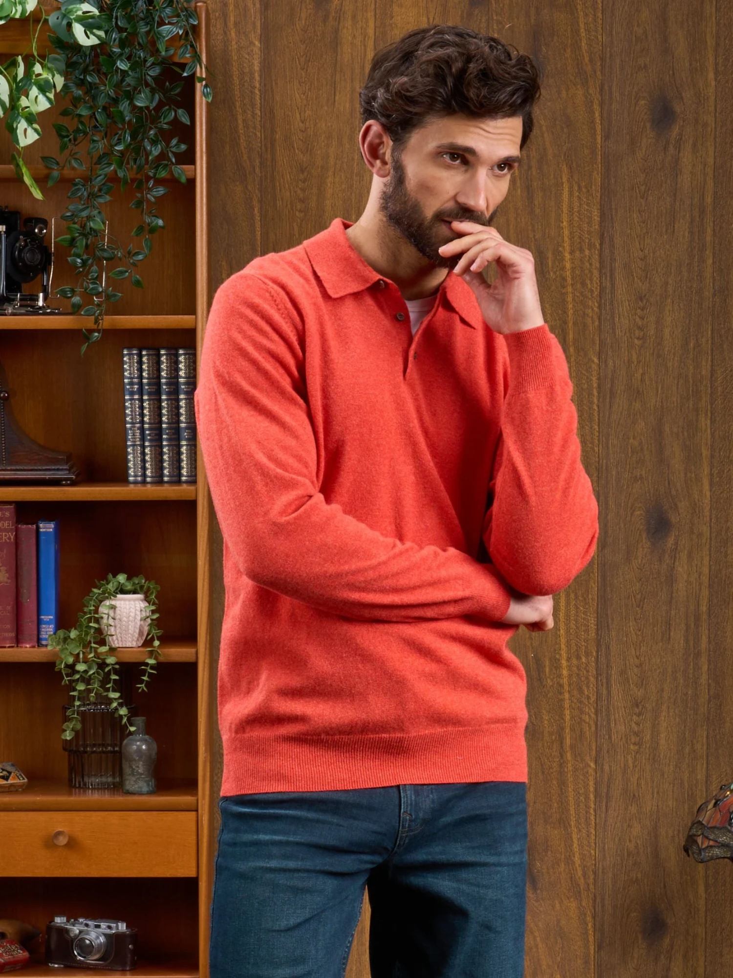 Men's Geelong Lambswool Long Sleeve Polo Shirt In Fire - Regular Fit 5 Men's Geelong Lambswool Long Sleeve Polo Shirt In Fire - Regular Fit - Image 3