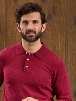 Men's Geelong Lambswool Long Sleeve Polo Shirt In Rosso - Regular Fit -AlanPaine Shop Long Sleeve Polo Shirt Red 3