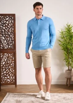 Pentlow Luxury Cotton Long Sleeve Polo Shirt In Carolina Blue -AlanPaine Shop Luxury Cotton Polo Shirt Carolina Blue 1