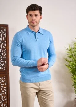 Pentlow Luxury Cotton Long Sleeve Polo Shirt In Carolina Blue -AlanPaine Shop Luxury Cotton Polo Shirt Carolina Blue 2