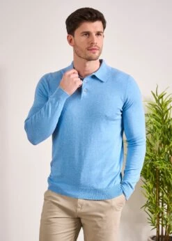 Pentlow Luxury Cotton Long Sleeve Polo Shirt In Carolina Blue -AlanPaine Shop Luxury Cotton Polo Shirt Carolina Blue 3
