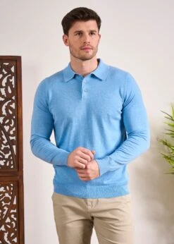 Pentlow Luxury Cotton Long Sleeve Polo Shirt In Carolina Blue -AlanPaine Shop Luxury Cotton Polo Shirt Carolina Blue 4