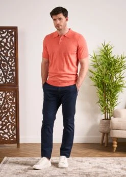 Knighton Luxury Cotton Polo With Pointelle Detail In Coral -AlanPaine Shop Luxury Cotton Polo Shirt Coral 1