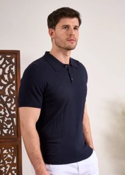 Knighton Luxury Cotton Polo With Pointelle Detail In Dark Navy -AlanPaine Shop Luxury Cotton Polo Shirt Navy 2