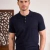 Knighton Luxury Cotton Polo With Pointelle Detail In Dark Navy -AlanPaine Shop Luxury Cotton Polo Shirt Navy 3
