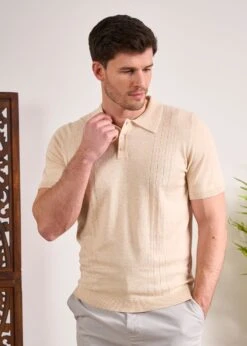 Knighton Luxury Cotton Polo With Pointelle Detail In Sand 11 Knighton Luxury Cotton Polo With Pointelle Detail In Sand -AlanPaine Shop Luxury Cotton Polo Shirt Sand 4