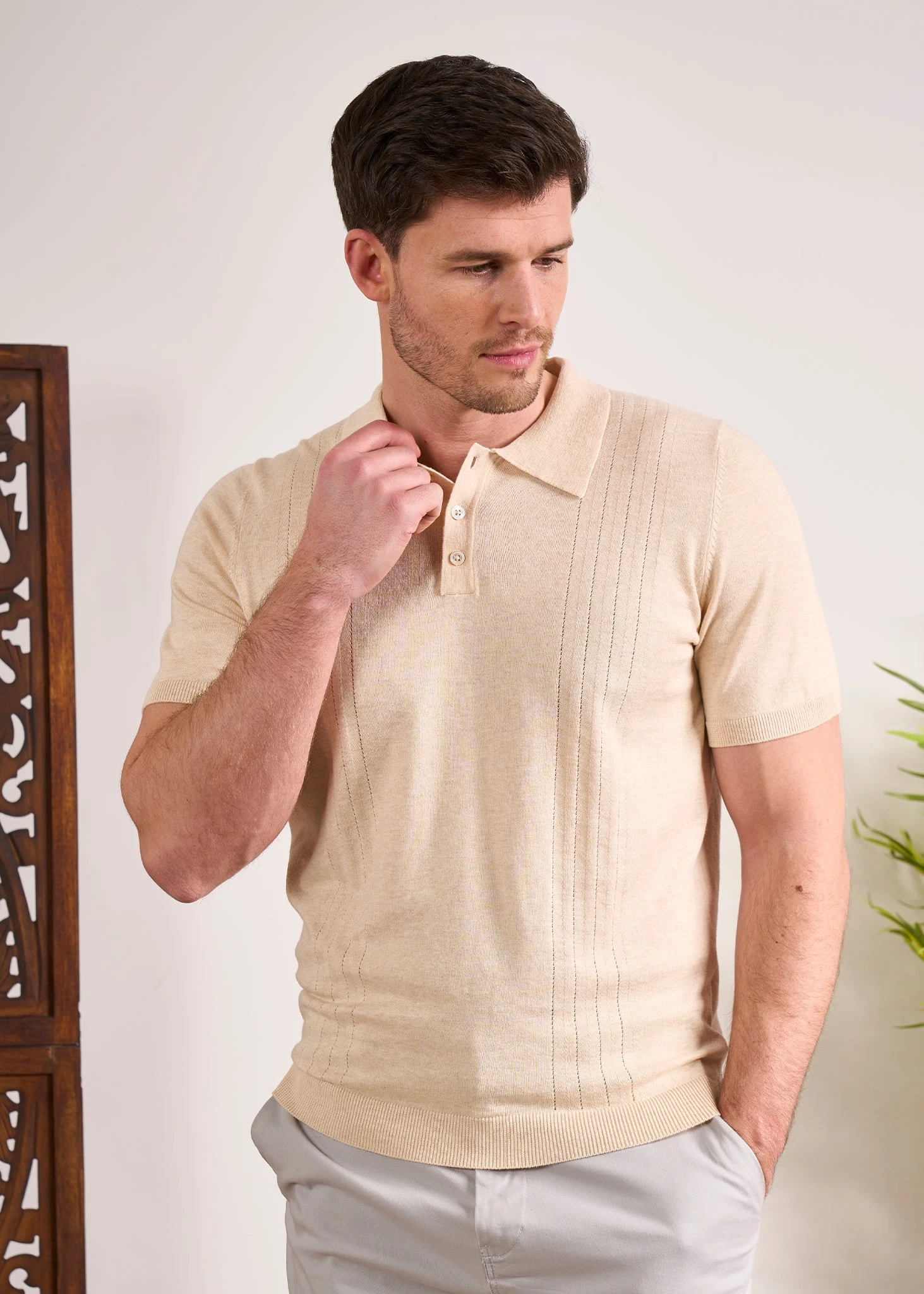 Knighton Luxury Cotton Polo With Pointelle Detail In Sand 7 Knighton Luxury Cotton Polo With Pointelle Detail In Sand - Image 5