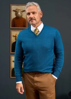 Millbreck Men's Merino Wool Jumper In Bottle Blue - Regular Fit -AlanPaine Shop MILLBRECK VEE NECK BOTTLE BLUE 03